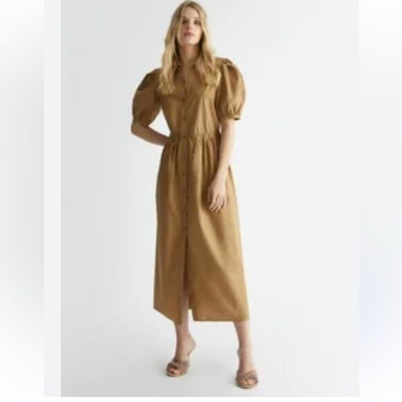 Showpo Beige Button-Down Midi Dress Puff Sleeve Safari Utility Shirt Dress Sz 6 - Picture 1 of 12